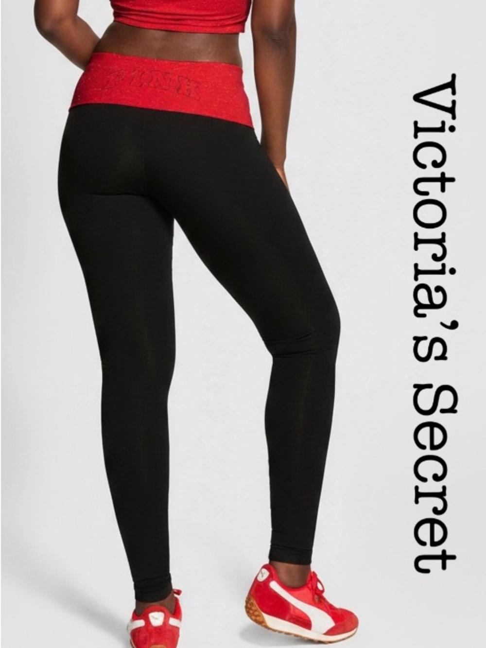 New Victoria's Secret Black Leggings with Red Fold over High Waistband Size M